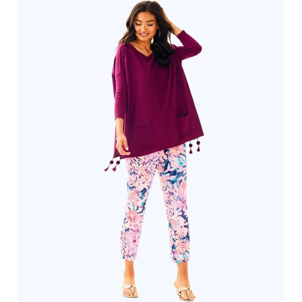 Lilly Pulitzer XS Elba Sweater Burgundy 3/4 Sleeve Lightweight Pockets‎ Tassels